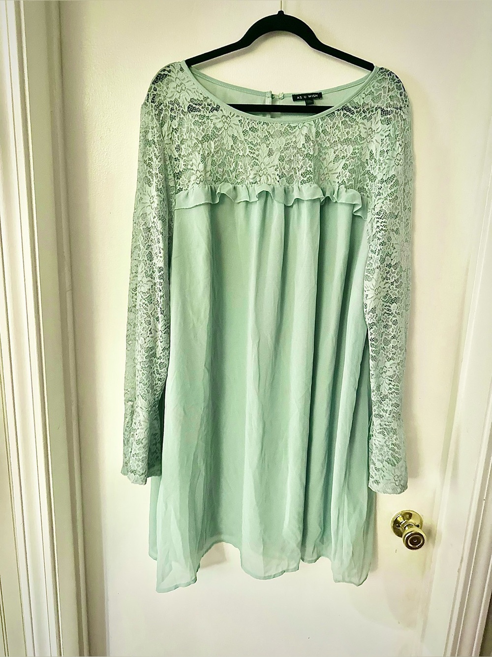 As U Wish Mint Lace Yoke Long Sleeve Dress